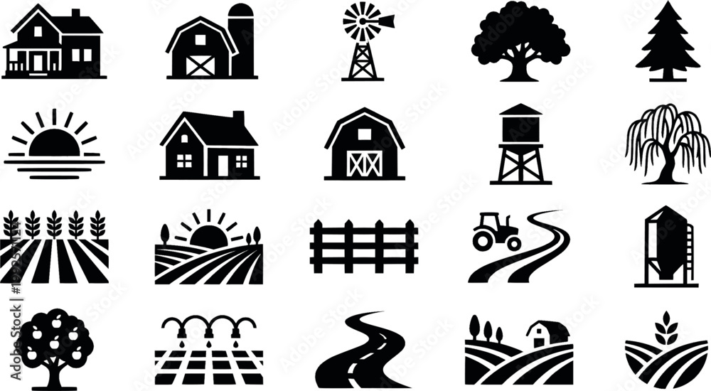 Fototapeta premium Collection of black farm and countryside icons featuring a house, barn, windmill, silo, water tower, trees, wheat field, and sun in a clean minimalist silhouette style