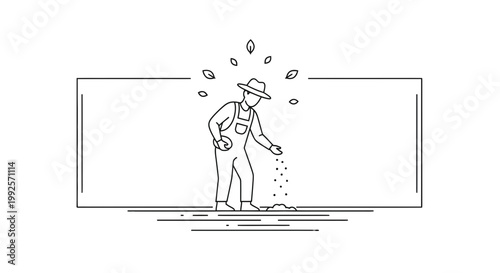 Farmer sowing seeds in a field, line art illustration