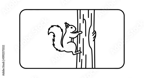 Cute Squirrel Climbing Tree Trunk, Outline Illustration, Wildlife Icon