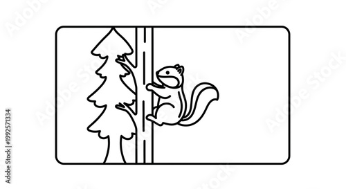 Cute Squirrel Climbing Tree Trunk, Outline Illustration, Wildlife Animal