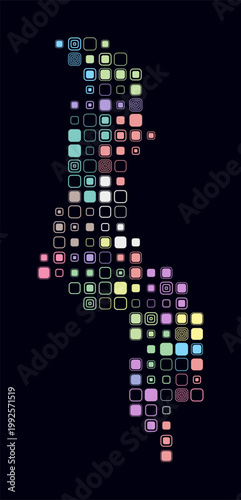 Malawi, shape of the country build of colored cells. Digital style map of the Malawi on dark background. Large size rounded square blocks. Modern vector illustration.