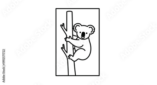 Cute Koala Climbing Tree Branch, Simple Line Art Illustration, Wildlife Animal Icon