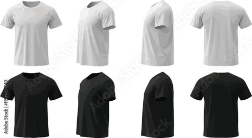 Set of white and black t-shirt mockups with t shirt with short sleeve with round neck with fashion design with men apparel with women apparel with clothing collection with plain shirt