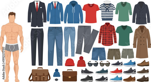 Men's fashion paper doll outfit collection with accessories