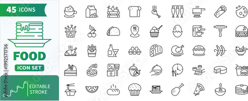 Food outline icon set . Collection of different dishes, ingredients, and restaurant-related items with editable stroke