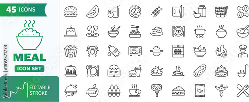Meal food outline icon set. Collection of meal, food, and cooking icons with editable stroke suitable for web and apps