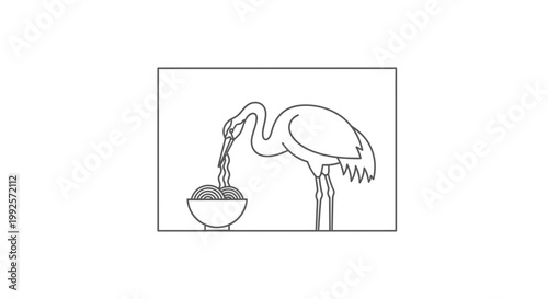 Whimsical Crane Eating Noodles from Bowl, Minimalist Line Art Illustration