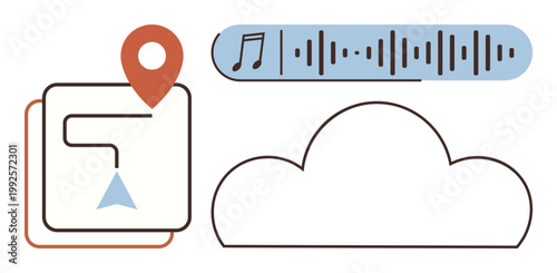 Cloud computing, navigation, online music, technology concepts, digital storage, multimedia sharing. Cloud outline, map marker with path and sound wave icon. Cloud computing and navigation symbol