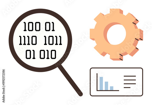 Data science, technology innovation, system optimization, process engineering, code analysis, digital transformation. Magnifying glass showing binary code with a gear and data chart. Data science