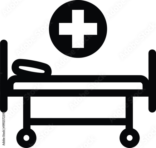 Medical hospital bed icon, black emergency stretcher vector, healthcare clinic furniture