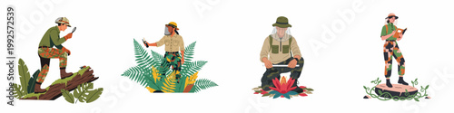 Принти на полотні Set of flat vector illustrations featuring diverse scientists and explorers conducting field research in nature, including entomologists, botanists, and forest rangers