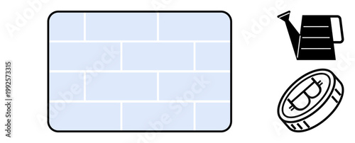 Gardening, landscaping, home improvement, backyard design, cultivation, irrigation systems. A light blue brick wall with a watering can and hose reel icons. Gardening and landscaping concepts