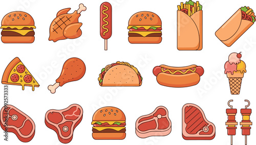 Fast Food Vector Collection Featuring Burgers, Pizza, Tacos, Hot Dogs, Chicken, and Grilled Meat