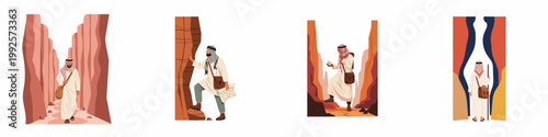 Illustrations of an Arab traveler exploring desert canyons, navigating with a map and compass, and trekking through arid landscapes.