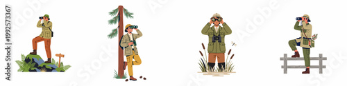 Set of Vintage Style Illustrations Featuring Explorers and Birdwatchers Observing Nature with Binoculars in Various Outdoor Environments