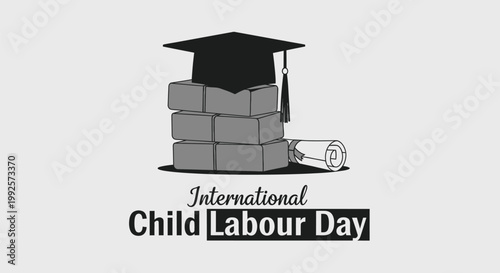 International Child Labour Day vector, graduation cap on bricks, education social issues