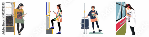 Set of illustrations showing young people commuting on public transport, wearing headphones and using smartphones while traveling by bus or train.