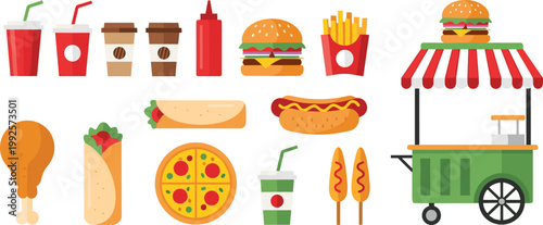 Fast Food Vector Collection Featuring Drinks, Burgers, Pizza, Hot Dogs, Corn Dogs, and Street Food Cart