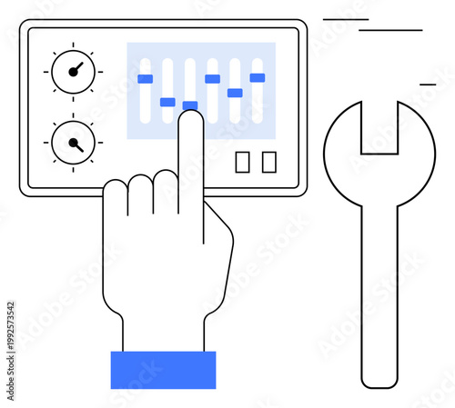 System settings, user interface design, technical adjustment, maintenance tools, machinery control, engineering workflow. Hand interacting with sliders on a control panel. System settings and user