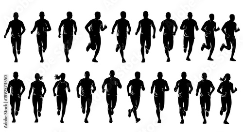Running men and women, isolated vector silhouettes. Run, side view. Silhouettes of athletic looking male and female runners running. Transparent PNG version.