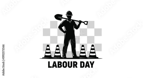 Construction worker silhouette with shovel and traffic cones in monochrome graphic for Labour Day celebration.