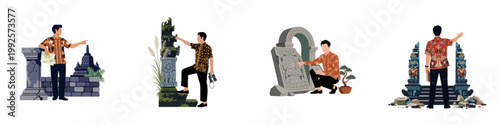 Set of Illustrations Depicting a Man in Batik Exploring Ancient Indonesian Temples and Archaeological Sites