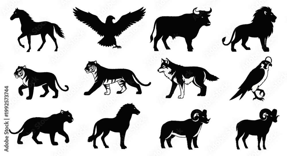 Obraz premium Simple set of black horse silhouettes in vector style showing various running and standing horses in nature and farm settings