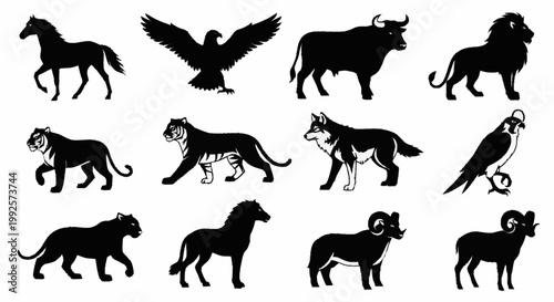 Simple set of black horse silhouettes in vector style showing various running and standing horses in nature and farm settings