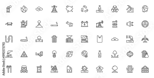 Pollution icon set. Environmental vector icons pack. Includes aerosol, CO2, recycling, biohazard, global warming, factory, deforestation and more. Editable stroke.