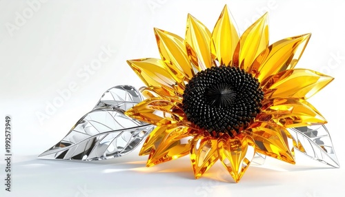 Crystal sunflower sculpture with metallic leaves on white background