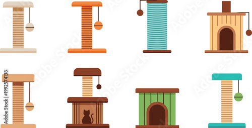 Flat Style Cat Furniture Set Featuring Scratching Posts, Pet Houses, and Hanging Ball Toys for Feline Playtime, Comfort, and Care