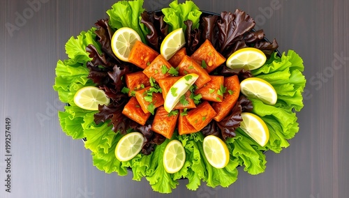 Fresh salad bowl with mixed greens, roasted carrots, and lime slices