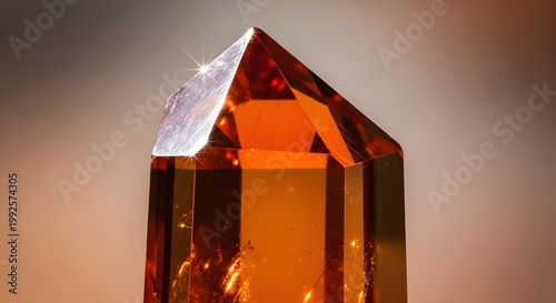Close up of a faceted orange crystal illuminated with bright sunlight
