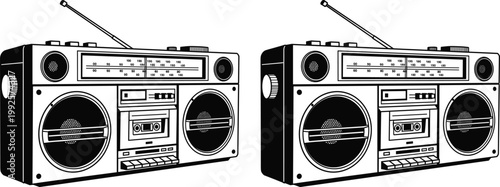 Retro Vintage Boombox Radio Icon Featuring Classic Cassette Player Design for 80s Music Nostalgia, Hip Hop Culture, and Audio Equipment Illustrations