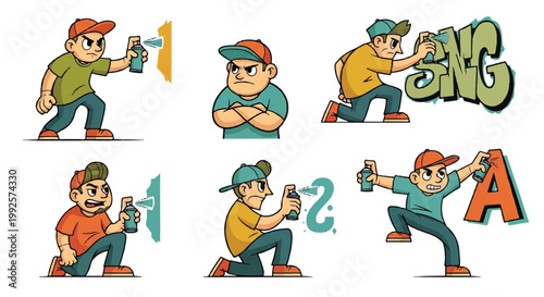 Cartoon graffiti artist spraying paint on wall vector illustrations