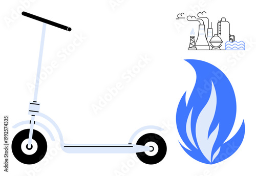 Urban mobility, renewable energy, industrial impact, transportation innovation, alternative fuel sources, sustainable travel. Electric scooter next to a flame and factory icons. Urban mobility
