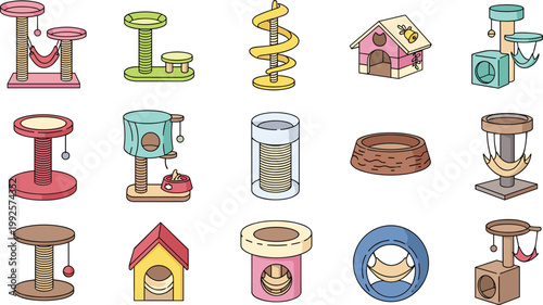 Colorful Cat Furniture and Accessory Set Featuring Scratching Posts, Pet Houses, and Hammocks for Feline Playtime, Comfort, and Home Decor