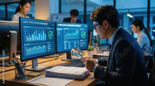 Business data analysts working at computer monitors.