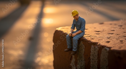 Miniature construction worker sitting on brick edge contemplating sunlight