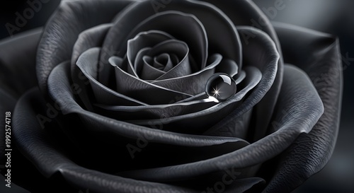Close up of a single black rose with water droplet on petal against a dark background