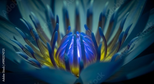 Close up of a blue and yellow water lily flower with soft lighting