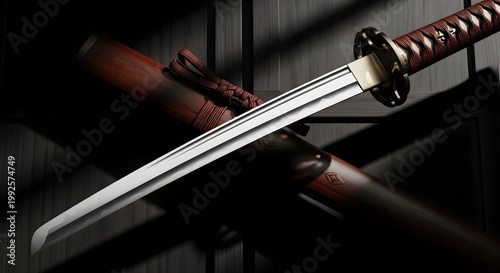 Elegant japanese katana sword with scabbard on dark background