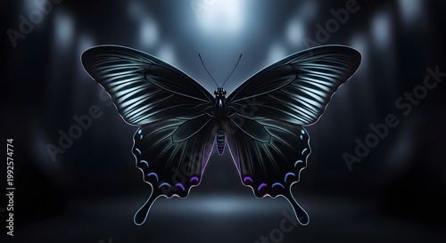 Elegant black butterfly with illuminated wings against dark background