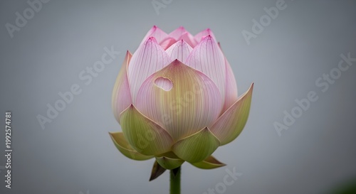 Close up of a pink lotus flower bud against a soft gray background