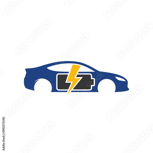 Dark Blue Electric Car with Internal Yellow Battery and Lightning Bolt Icon, isolated white background