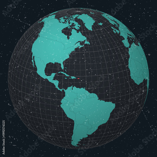 Puerto Rico on Globe. Vintage look with grunge scratched texture. Country view on world map in Dark Charcoal Turquoise color palette. Puerto Rico shape on map. Globe with meridians and parallels.