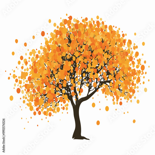 Vibrant autumn tree with orange leaves on white background, symbolizing fall season and nature's color change