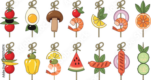 Colorful appetizer skewers with fruits vegetables seafood and meat isolated illustration set