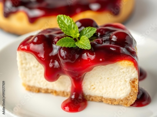 Decadent chocolate cake topped with glossy berry sauce and mint garnish