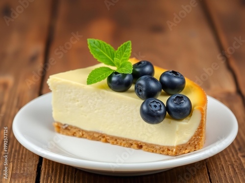 Delicious blueberry cheesecake garnished with fresh mint on a white plate